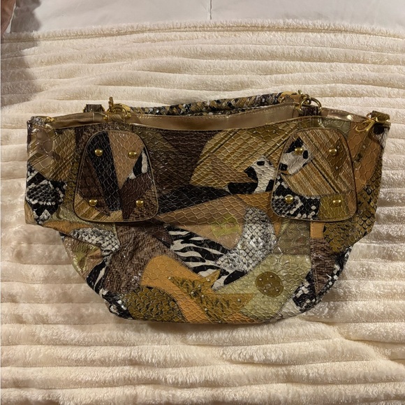 Braciano Gold and Tan Patchwork Snake-Embossed Tote - Picture 2 of 8